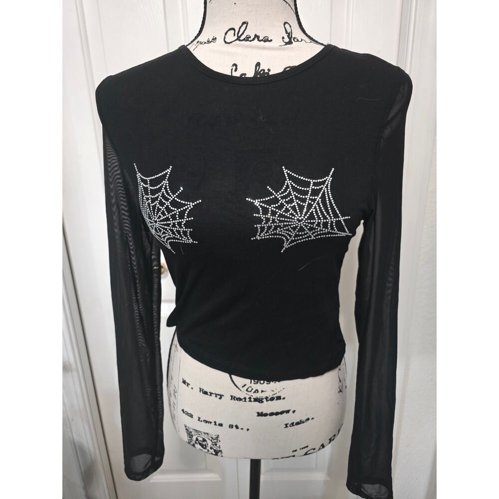 Shein Black Mesh Crop Top with Rhinestone Spiderwebs Size L NWOT